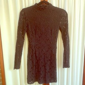 Black lace high neck long sleeve mini dress